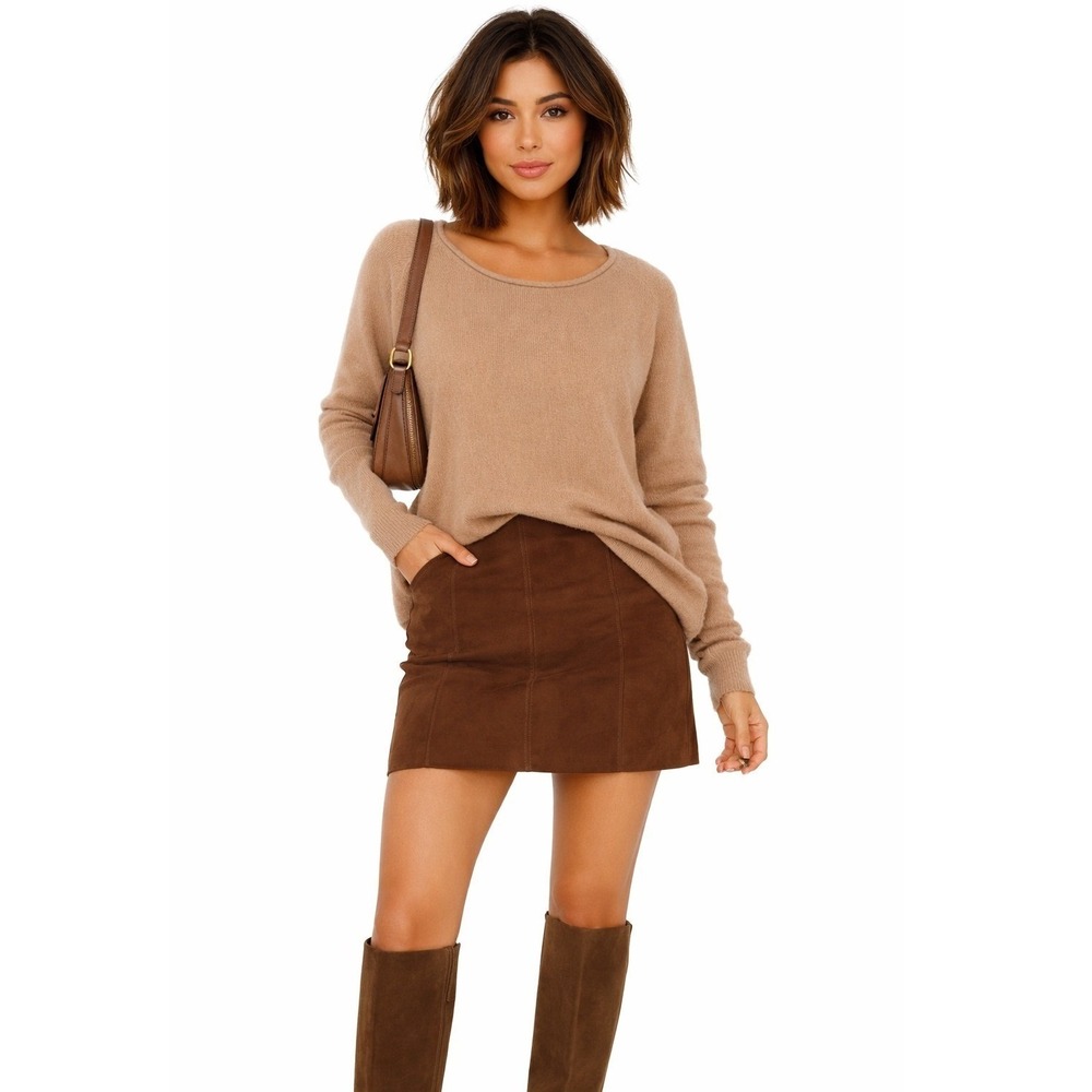 Club Monaco Tan 100% Italian Cashmere Scoop Neck Side Zip Sweater XS